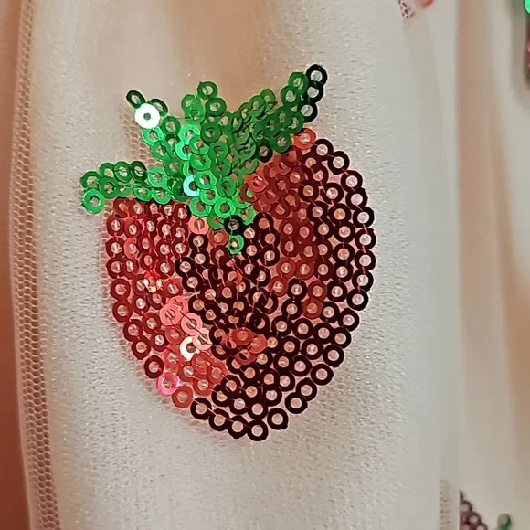 Nwot Magnolia Park Peach w/ Sequined Strawberries Faux Wrap Flutter Sleeve Dress - Picture 11 of 17